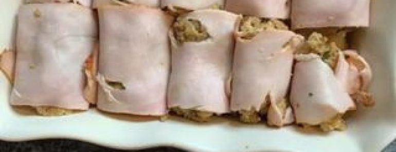 Turkey Stuffing Roll-Ups over Mashed Potatoes with Gravy and Green Beans